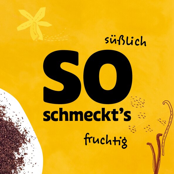 Illustration mit Vanillepulver und Text "so schmeckts": "süßlich", "fruchtig"