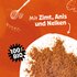 Gemahlenes Lebkuchengewürz auf weißem Hintergrund mit Text "Mit Zimt, Anis und Nelken" und "100 % BIO"