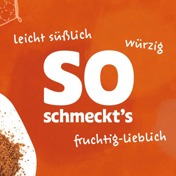 Geschmacksbeschreibung des Lebkuchengewürzes mit Text "so schmeckt's": "leicht süßlich", "würzig" und "fruchtig-lieblich"