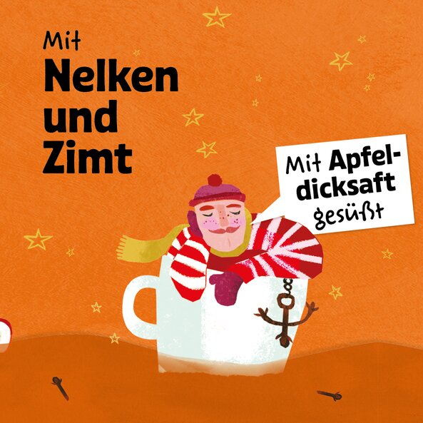 Illustration mit Text "Mit Nelken und Zimt" und "Mit Apfeldicksaft gesüßt" zum Apfelzauber Punsch Sirup