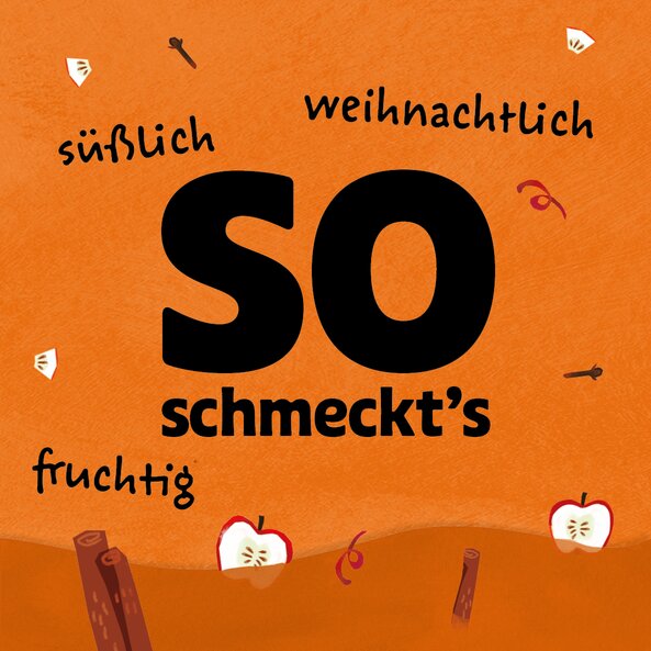 Geschmacksbeschreibung mit Text "so schmeckt’s": "süßlich", "weihnachtlich", "fruchtig"