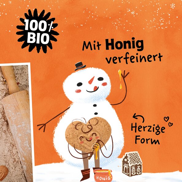 Schneemann-Illustration mit Text "100 % BIO", "Mit Honig verfeinert" und "Herzige Form"