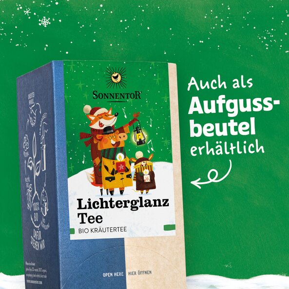 Lichterglanz Kräutertee mit Hinweis "Auch als Aufgussbeutel erhältlich"