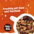 Früchteteemischung mit Text "Fruchtig mit Zimt und Vanilleöl" und Hinweis "100 % BIO"