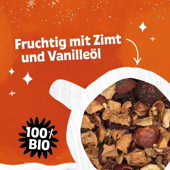 Früchteteemischung mit Text "Fruchtig mit Zimt und Vanilleöl" und Hinweis "100 % BIO"