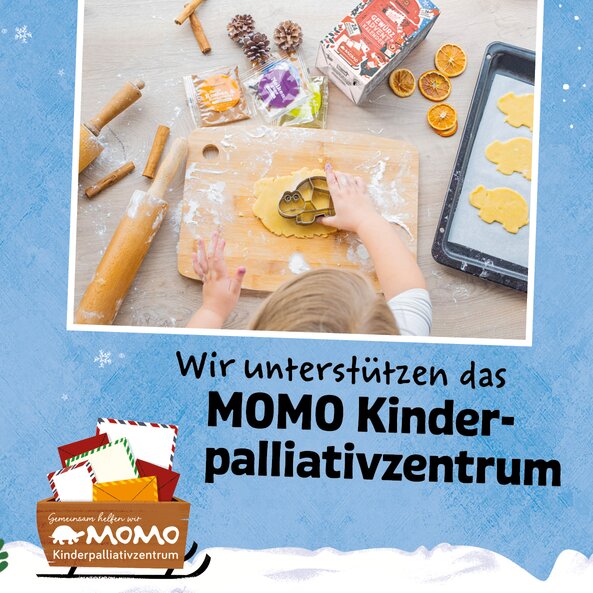 Kind backt Kekse, dazu Text "Wir unterstützen das MOMO Kinderpalliativzentrum"