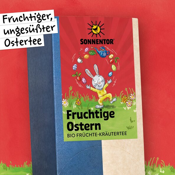 SONNENTOR Fruchtige Ostern BIO Früchte-Kräutertee, Verpackung mit Hase und Ostereiern