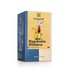 Photo of a pack Rosehips-Hibiscus Tea Organic Fruit Tea Blend. On the package is a picture of a tall and a small man standing back to back, carrying a hibiscus blossom and rosehip on his head, holding a cup of tea.