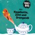 Teekanne und Tasse mit Gewürzen, Text: "100% BIO – Mit Hagebutte, Zimt und Orangenöl"