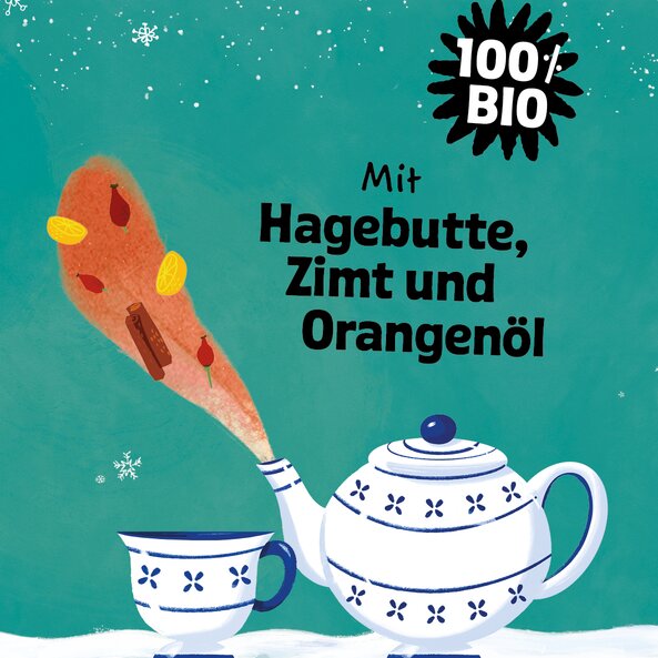 Teekanne und Tasse mit Gewürzen, Text: "100% BIO – Mit Hagebutte, Zimt und Orangenöl"