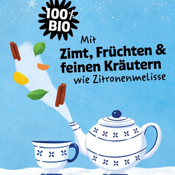Teekanne und Tasse mit Zutaten, Text: "100% BIO – Mit Zimt, Früchten & feinen Kräutern wie Zitronenmelisse"
