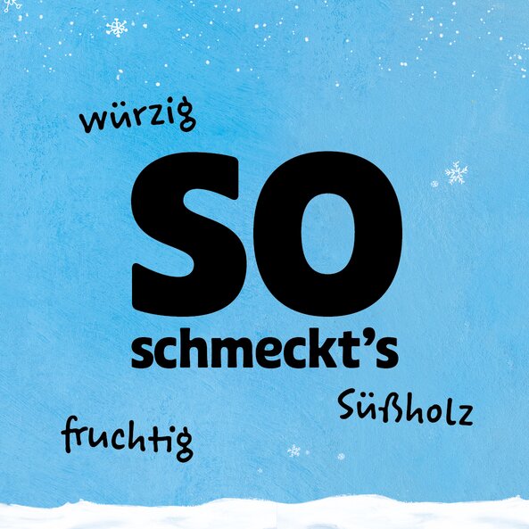 Blauer Hintergrund mit Text "So schmeckt's: würzig, Süßholz, fruchtig"