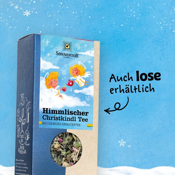 Verpackung von Himmlischer Christkindl Tee mit Sichtfenster, Text: "Auch lose erhältlich"