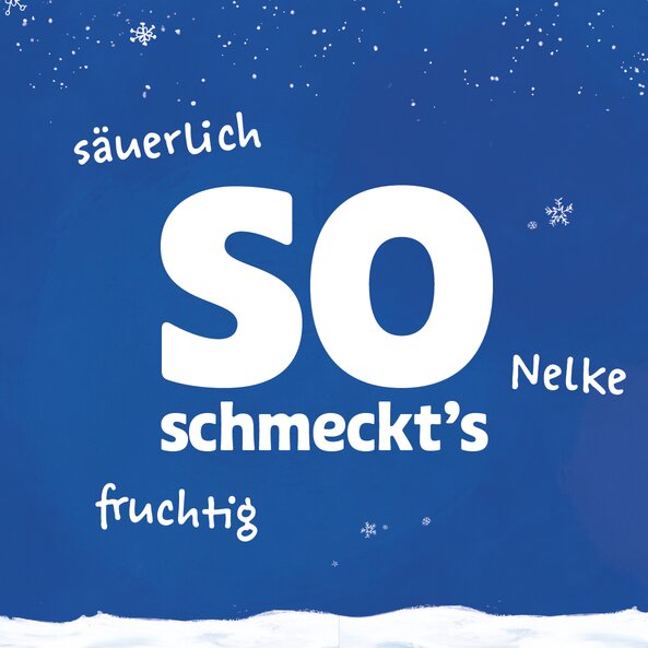 Blauer Hintergrund mit Text "So schmeckt's: säuerlich, Nelke, fruchtig"