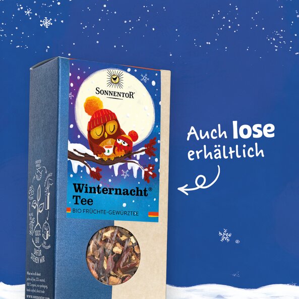Verpackung von Winternacht® Tee mit Sichtfenster, Text: "Auch lose erhältlich"