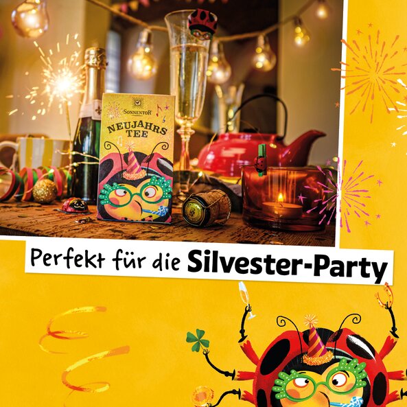 New Year’s Tea packaging on festive table, text: "Perfect for the New Year’s Eve party"