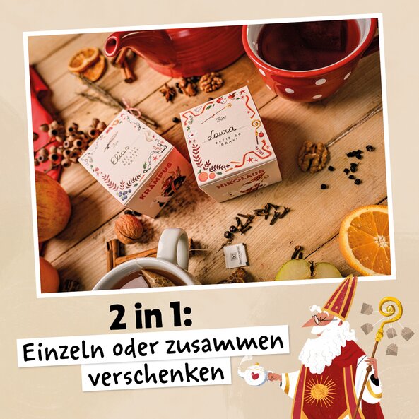 Zwei Tee-Schachteln auf Tisch, Text: "2 in 1: Einzeln oder zusammen verschenken"