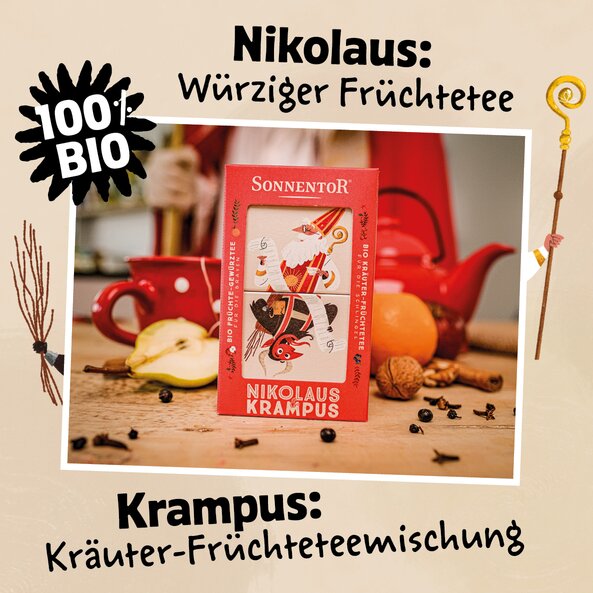 Nikolaus & Krampus Tee Verpackung, Text: "100 % Bio – Nikolaus: würziger Früchtetee, Krampus: Kräuter-Früchteteemischung"