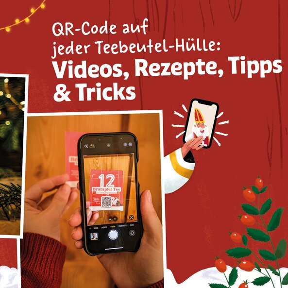 Tee Adventkalender mit QR-Code für Videos, Rezepte und Tipps auf jeder Teebeutel-Hülle
