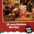 Tee Adventkalender mit aufgegossenem Tee, Text: "24 verschiedene Bio-Tees", "100 % Bio"
