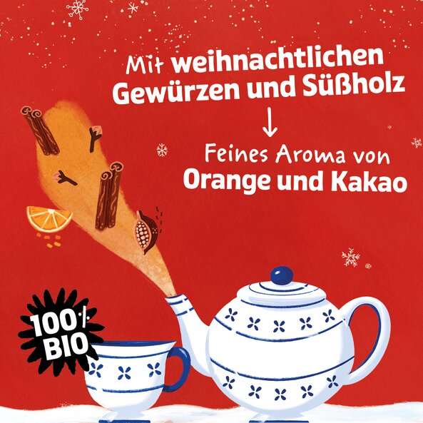 Illustration with teapot and text "With Christmas spices and licorice" and "Fine aroma of orange and cocoa"