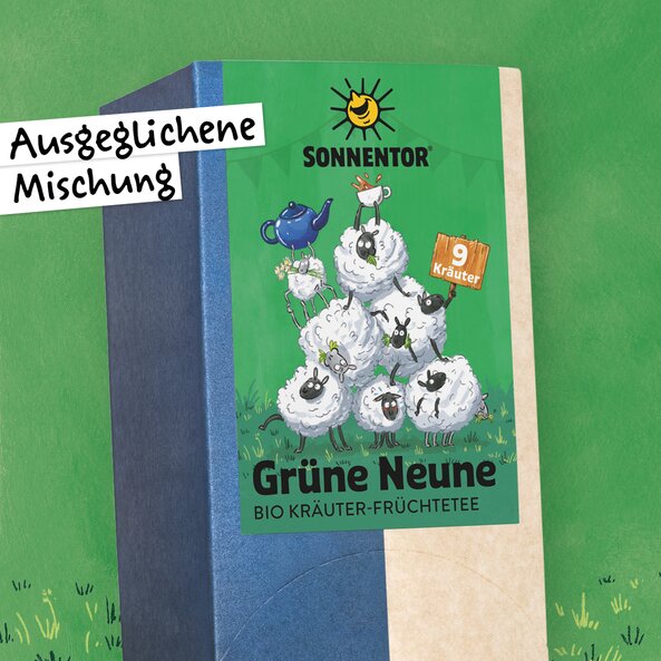SONNENTOR Grüne Neune Bio Kräuter-Früchtetee, „Ausgeglichene Mischung“, 9 Kräuter, Illustration von Schafen, die zu einer Pyramide aufgetürmt sind