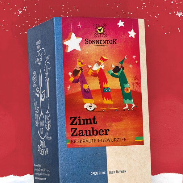 Zimt Zauber Bio Kräuter-Gewürztee von Sonnentor in weihnachtlicher Verpackung mit Illustration der Heiligen Drei Könige