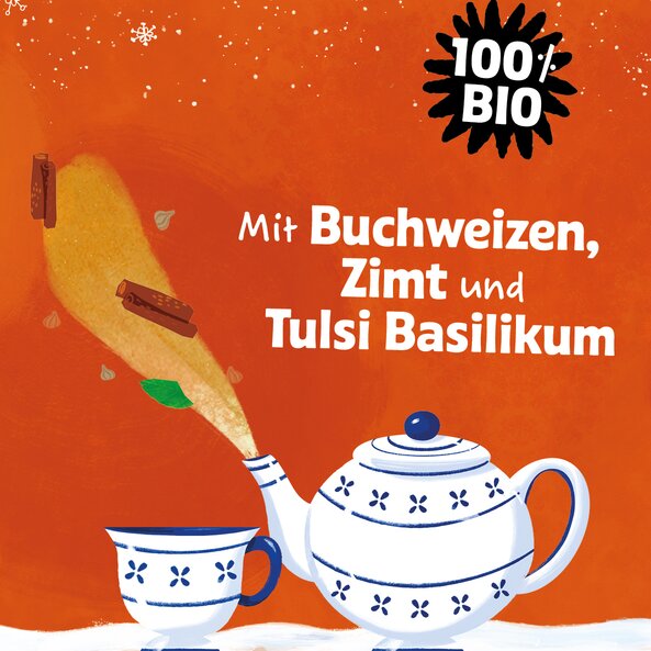 Illustration of Gingerbread Time tea ingredients with buckwheat, cinnamon and tulsi basil, 100 percent organic