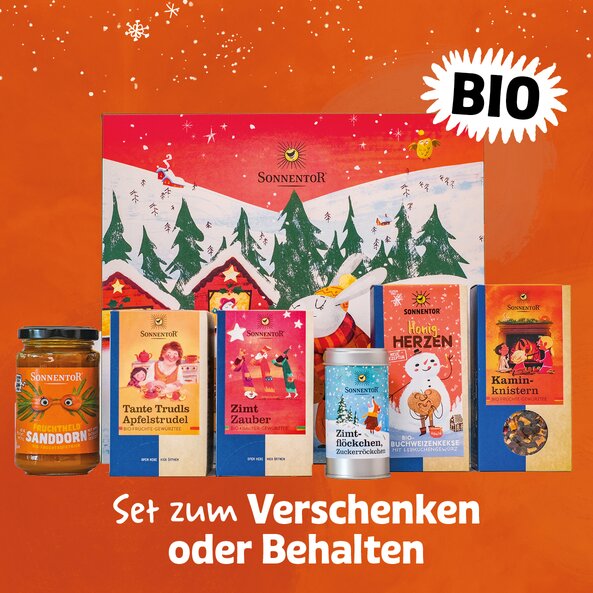 Sonnentor Kaminknistern Geschenkkarton mit Tee, Keksen, Gewürzen und Fruchtaufstrich, BIO, mit Text "Set zum Verschenken oder Behalten"